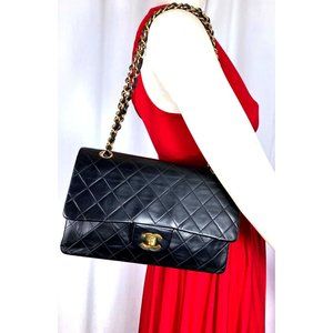 AUTHENTICATED  Chanel 2.55 Double Classic Flap Bag 1980s Medium Black Gold …